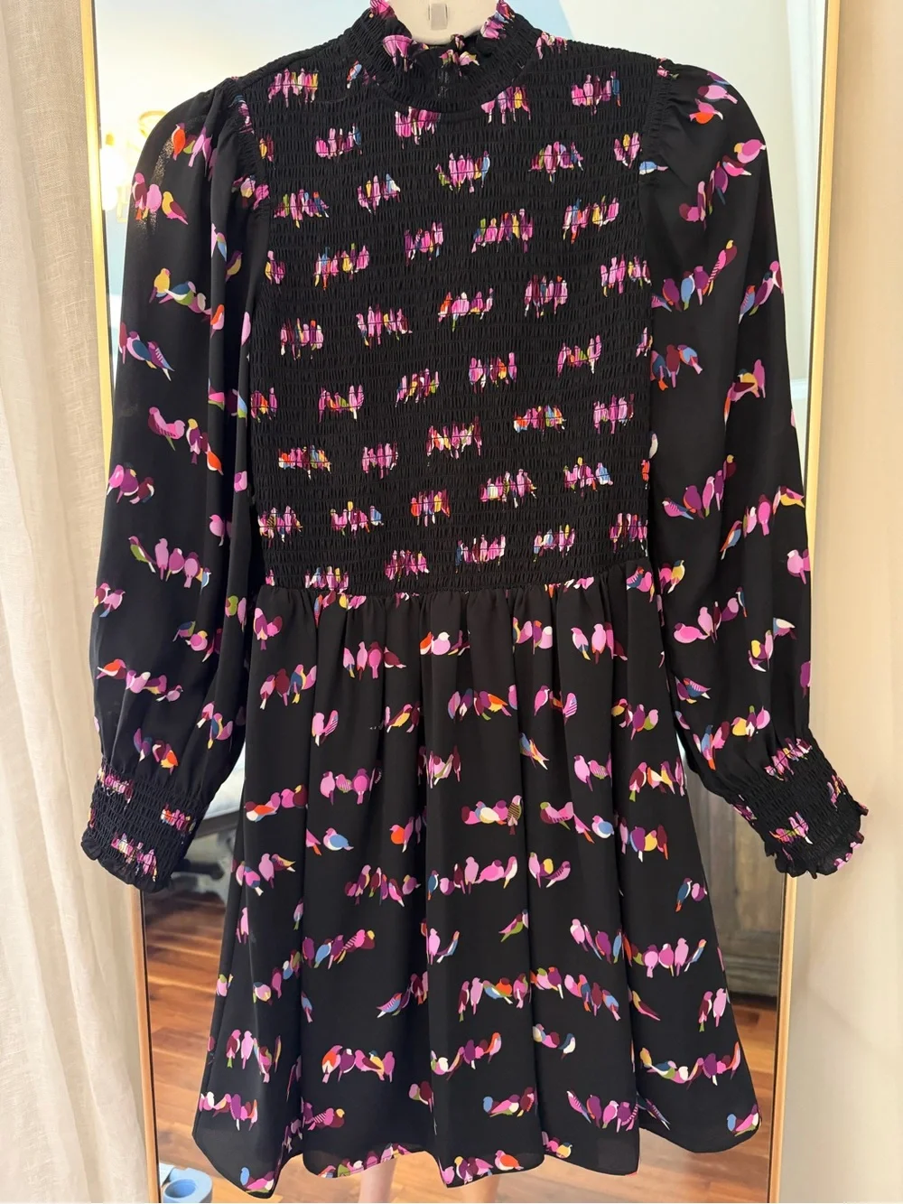 Kate Spade Black Smocked Neck Long Sleeve Floral Print Dress